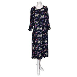 VTG 90s Y2K Nostalgia Floral 100% Rayon Midi Dress Sz L Button Front Cottagecore